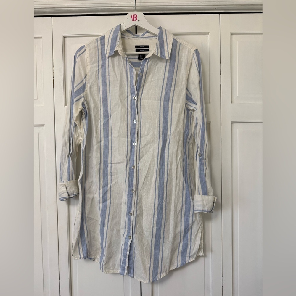 Jones & Co. Blue Striped Full Button Down Knee Length Shirt Dress Beach Linen M